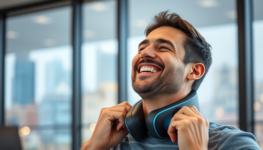 Man using wellness product electric neck massager indoors.