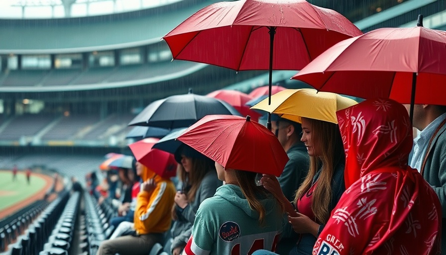 Fans with umbrellas during Cardinals Red Sox rainout at stadium.