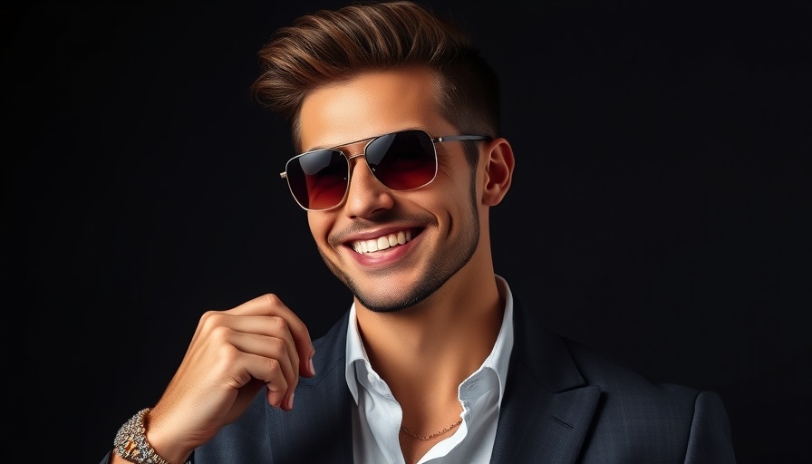 Stylishly dressed man smiles confidently against dark background.
