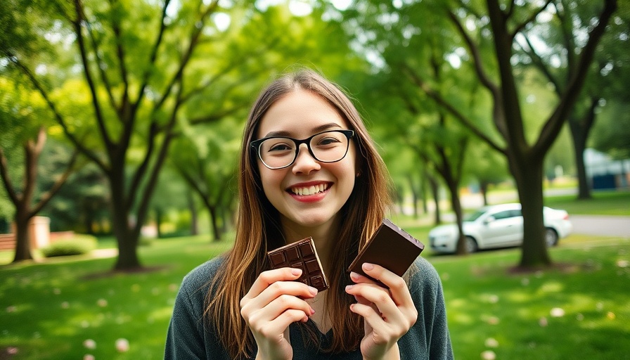 Young woman enjoying a chocolate bar in a park, highlighting online safety for kids.