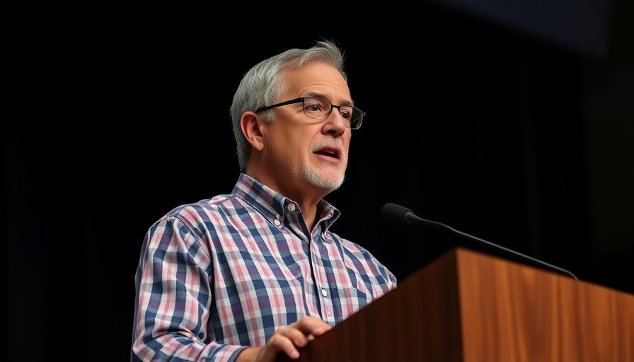 Middle-aged man speaking at podium discussing torpedo bats in baseball.