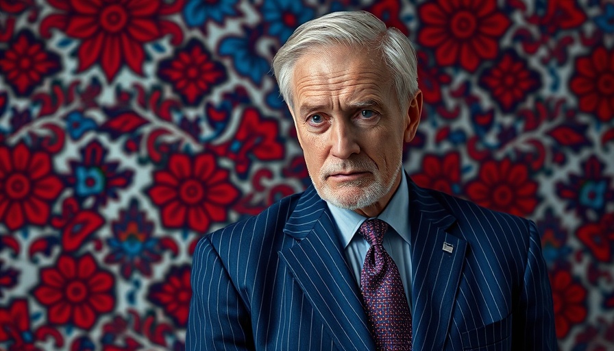 Serious older man in suit with vibrant background, focused expression.