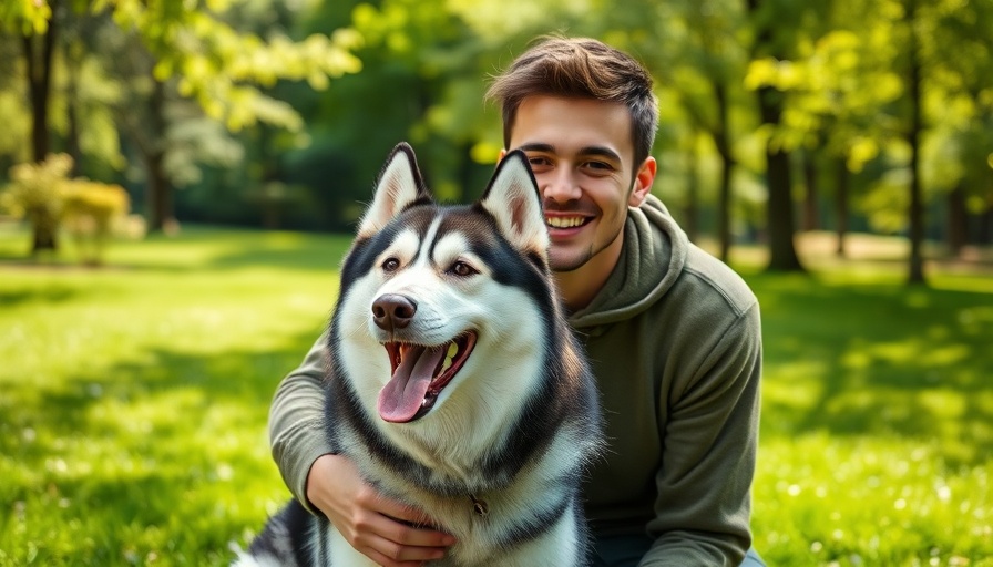Joyful young man with Siberian Husky in a sunlit park, promoting healthy pet products.