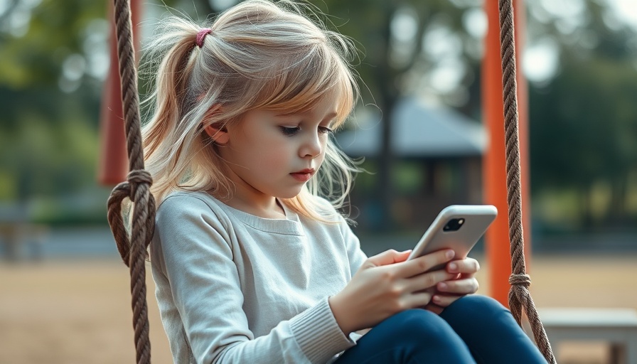 Young girl focused on smartphone, promoting online safety for children in playground.