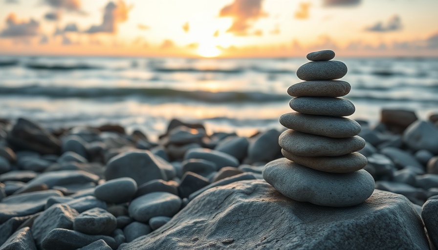 Stacked stones by the sea reflecting wellness culture at sunrise