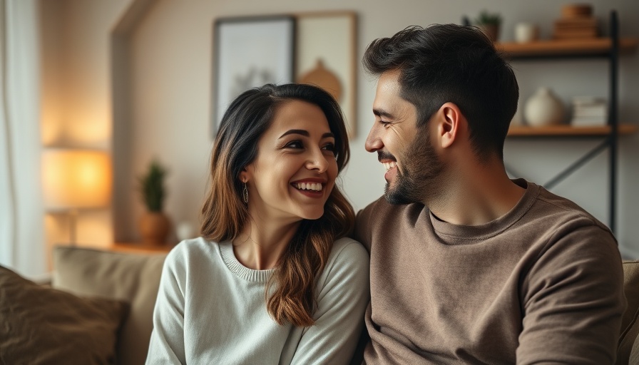 Happy couple chatting warmly in cozy living room.