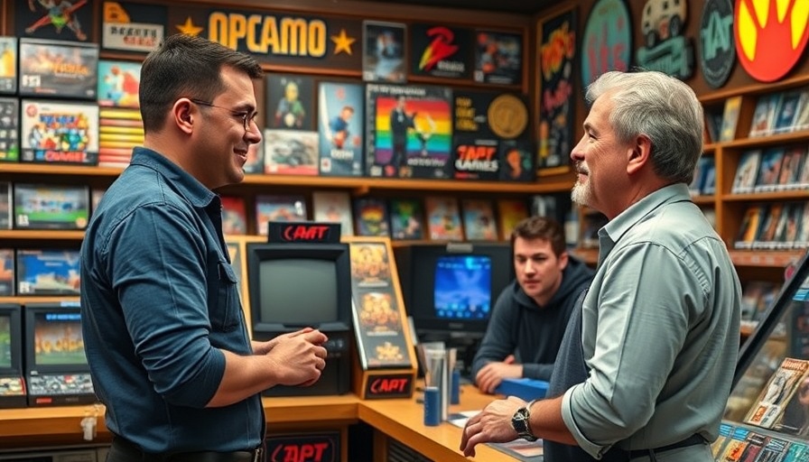 Friendly discussion in retro game store with classic video games.