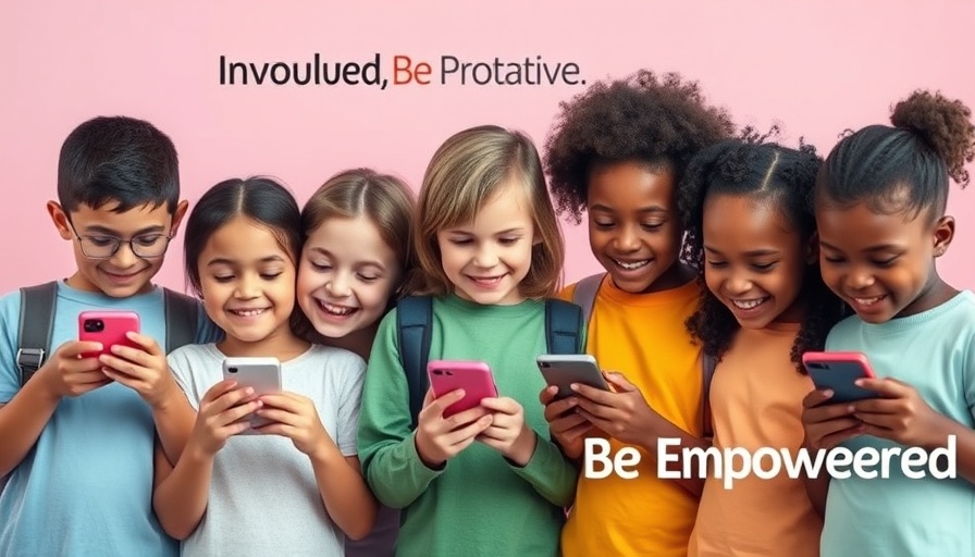 Diverse children engaged with phones for cyber safety talk.