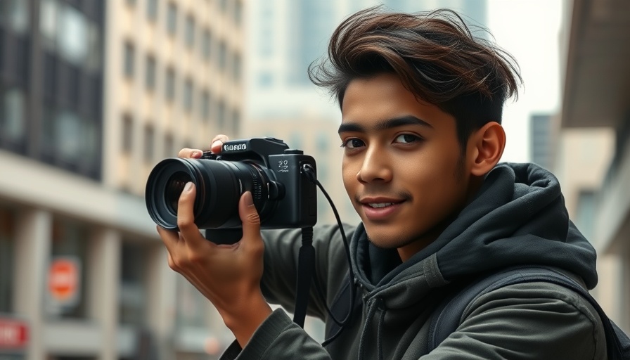 Young person photographing with a camera, urban background
