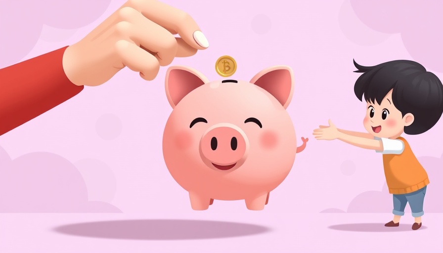 Cartoon piggy bank with hands inserting coin for teaching kids financial literacy