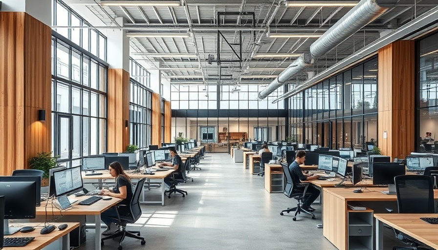 Modern open-plan office interior with remote work environment.