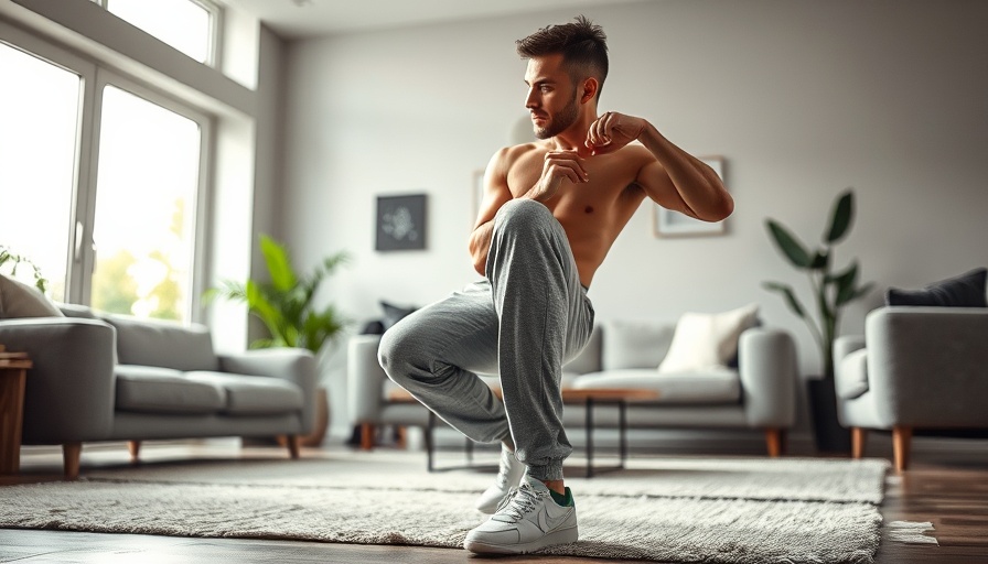 Focused man performing a squat in a well-lit modern living room, five-minute eccentric exercise workout.