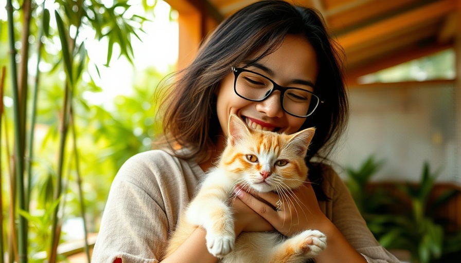 Woman keeping her cat healthy during heatwave outdoors