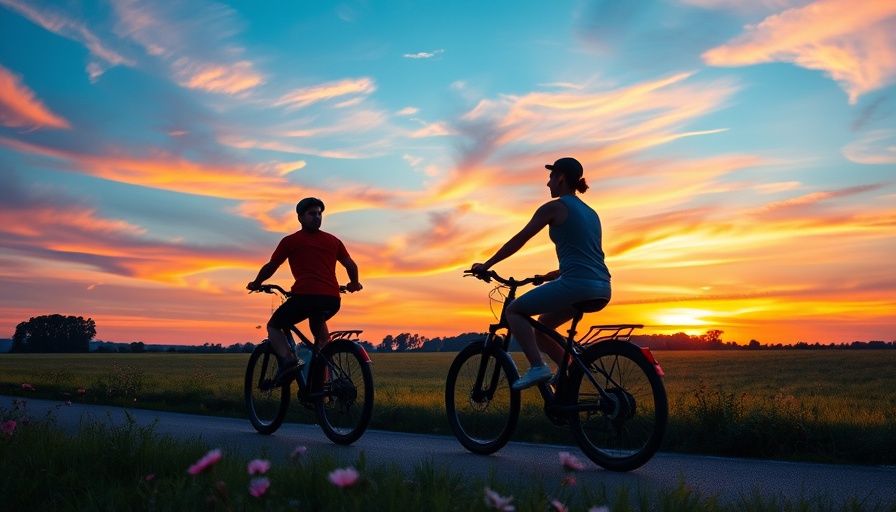 Cyclists on e-bikes at sunset, enhancing health.