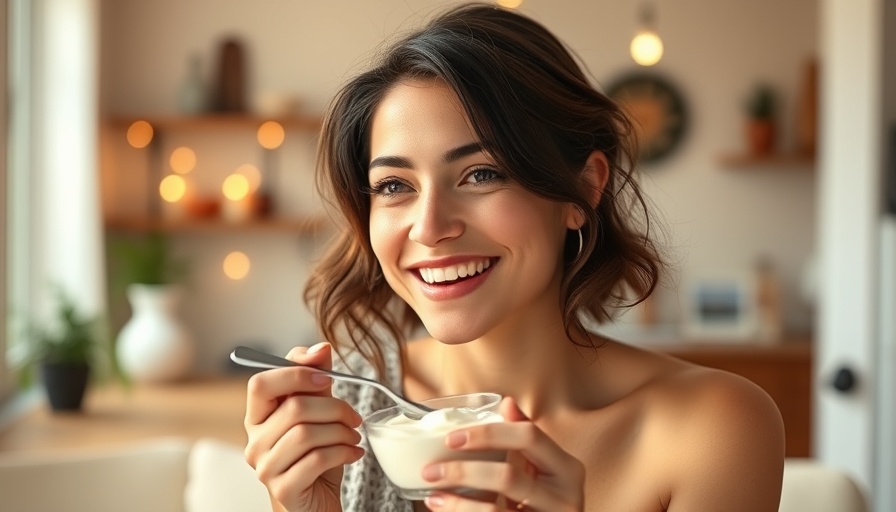 Cheerful woman enjoying yogurt, cozy morning light