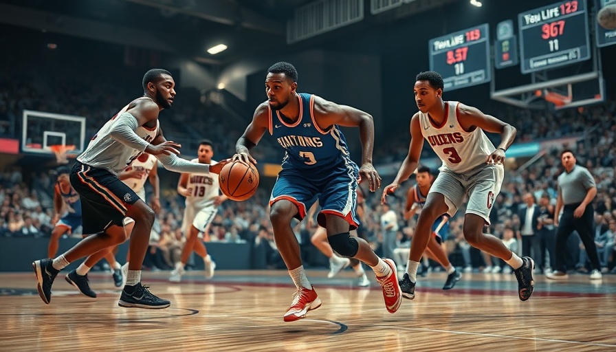 NBA Play-In Tournament action with player dribbling past defenders.