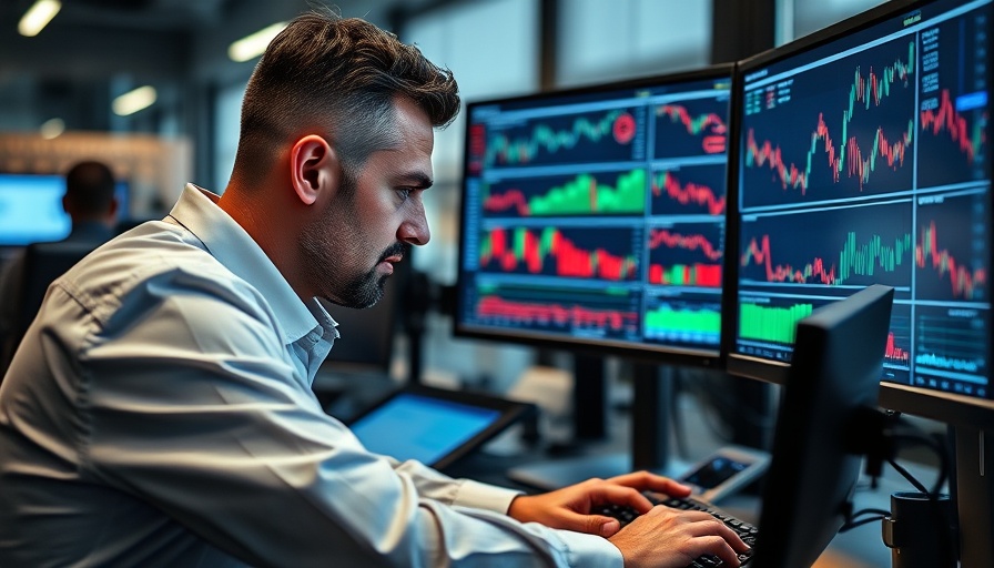 Trader analyzing financial data with charts on screens.