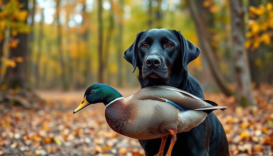 Black Labrador holding a duck in an autumn forest, highlighting pet dogs' environmental impact.