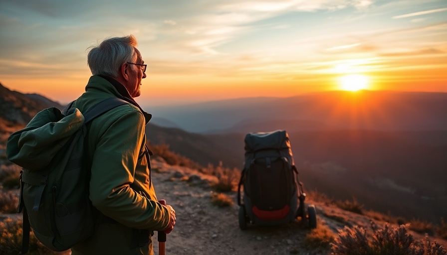 Elderly hiker enjoying a sunset on a mountain trail.