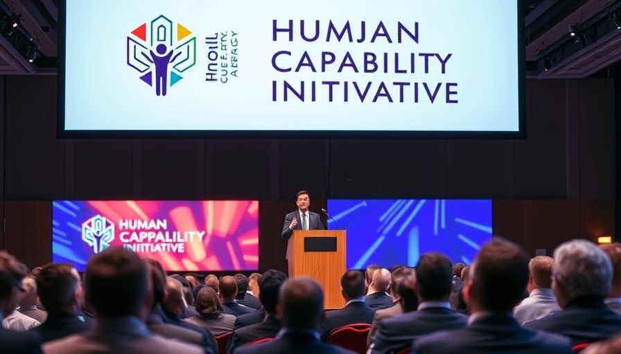 Speaker at Human Capability Initiative conference on stage with logo backdrop.