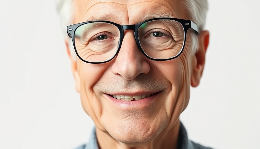 Older man smiling with glasses, white background, detailed portrait.
