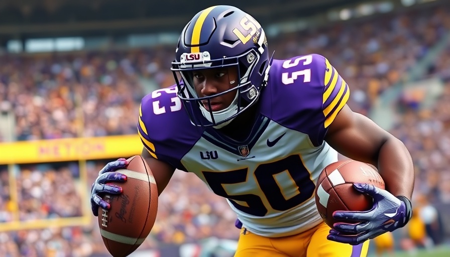 Dynamic moment of football player in LSU gear during game play.