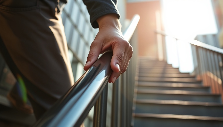 Hand on stair railing symbolizing activity to reduce your risk of cardiovascular disease.