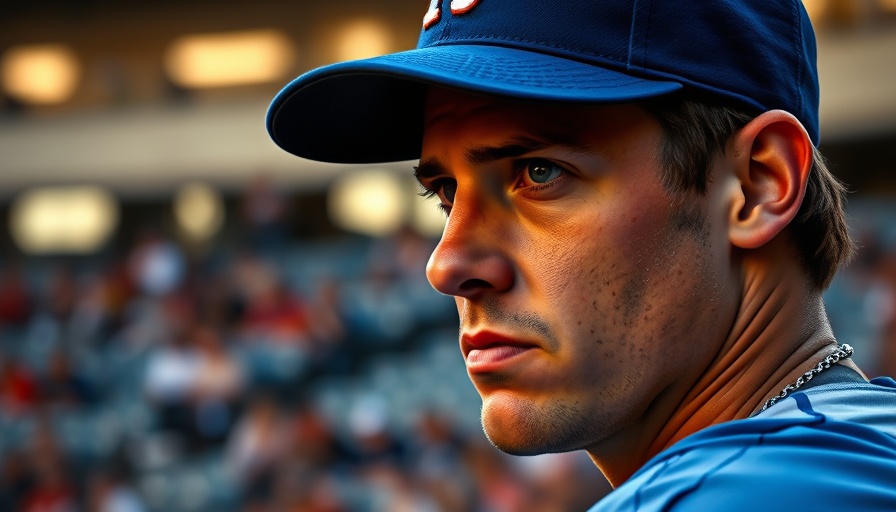 Close-up of athlete in blue cap at stadium, thoughtful.