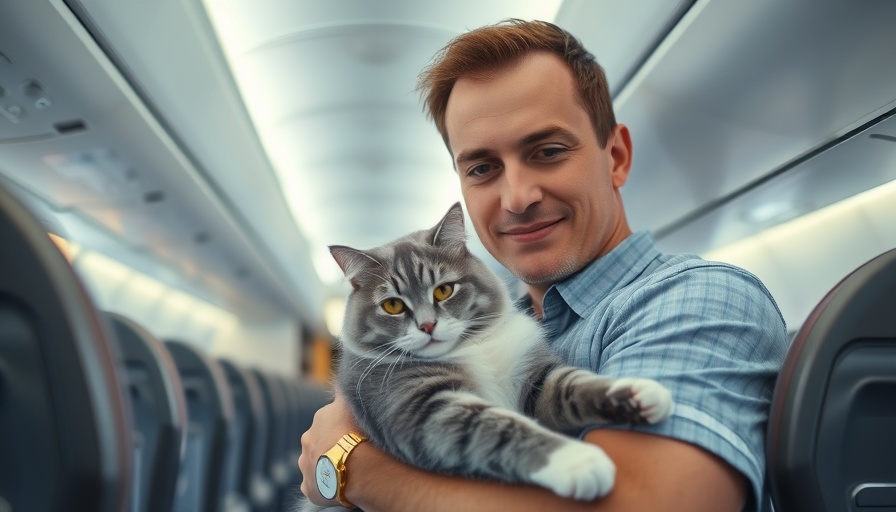Man traveling with cat on airplane, highlighting pet travel insurance.