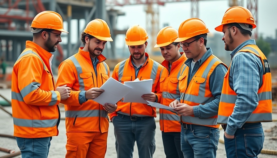 Construction workers discussing work-related stress risk assessment.
