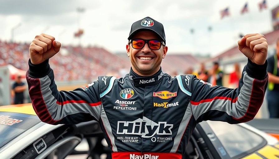 Kyle Larson celebrating NASCAR victory with race car.