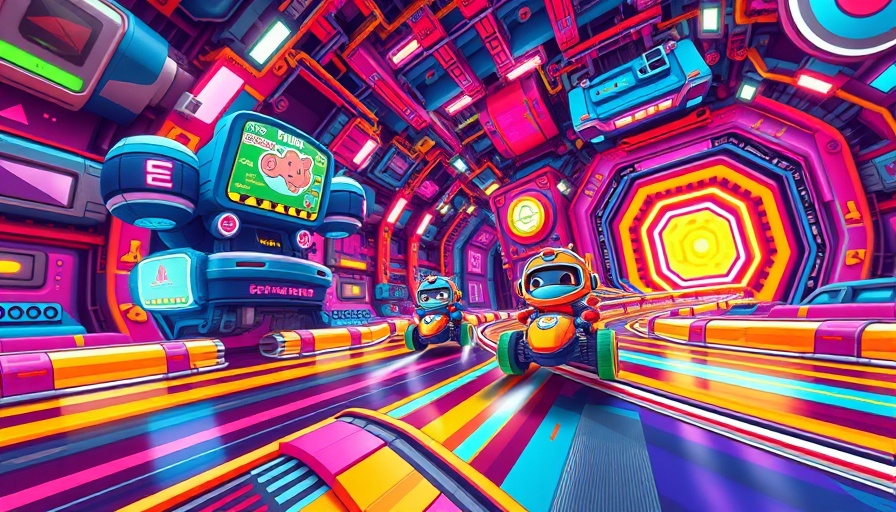 Retro video game characters racing vibrant track.