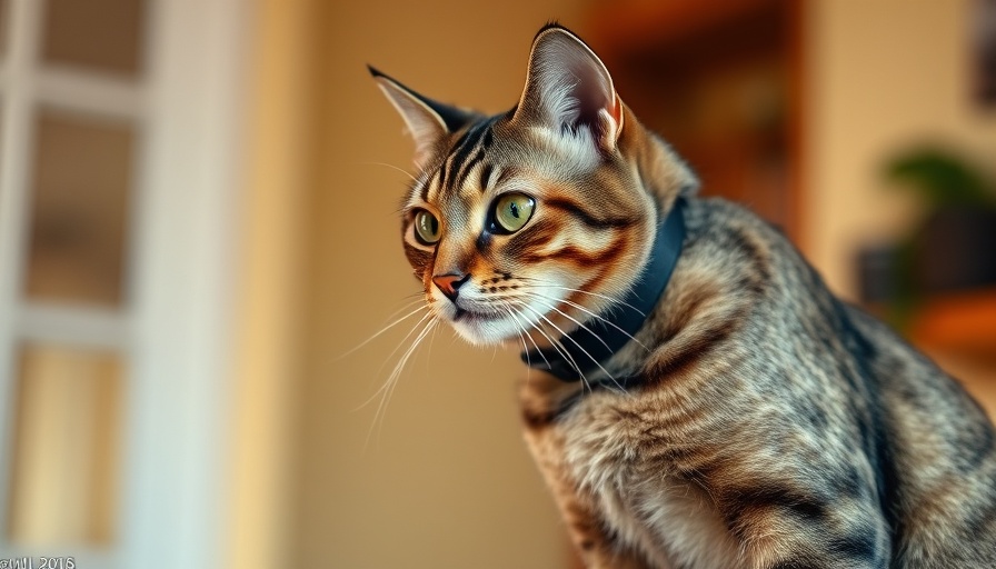 Majestic tabby cat with black collar, Wacky Pet Names indoors.