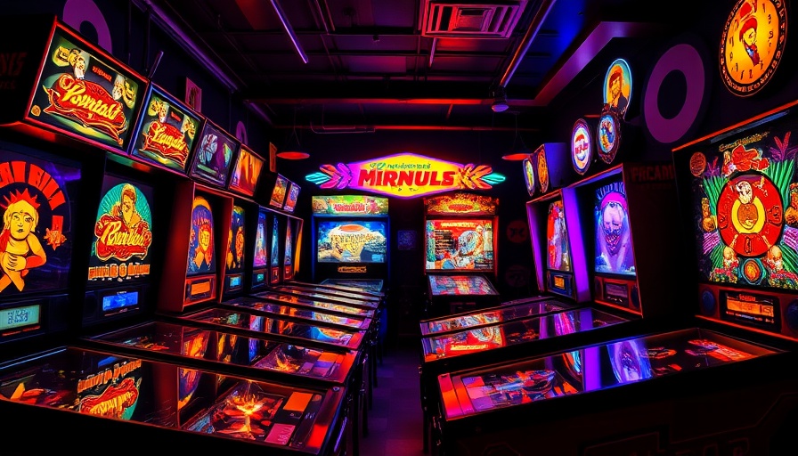 Nostalgic pinball arcade machines glowing vibrantly.