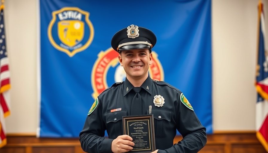 Elyria police officer holding award for de-escalation.
