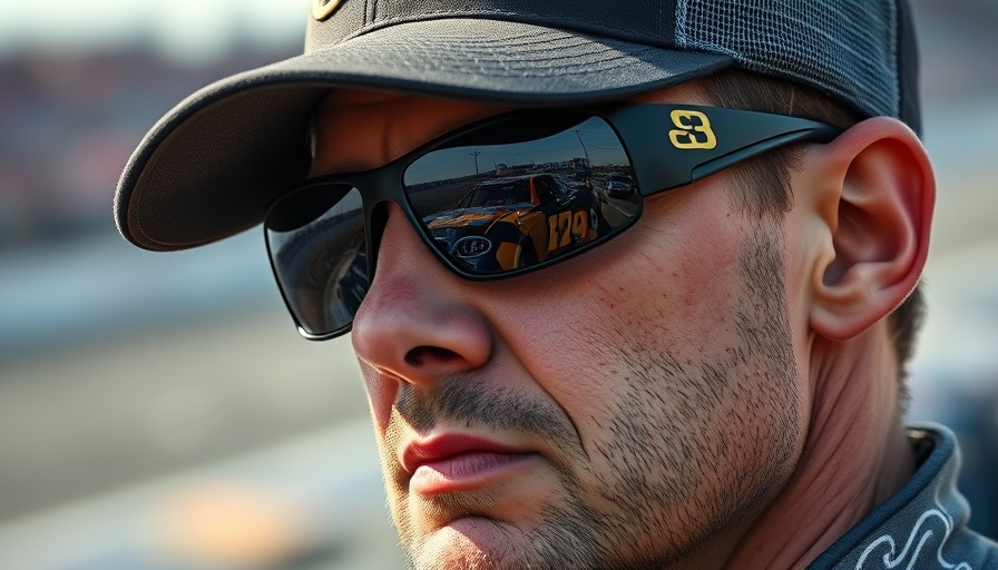Man with sunglasses reflecting a car at NASCAR event, somber look.