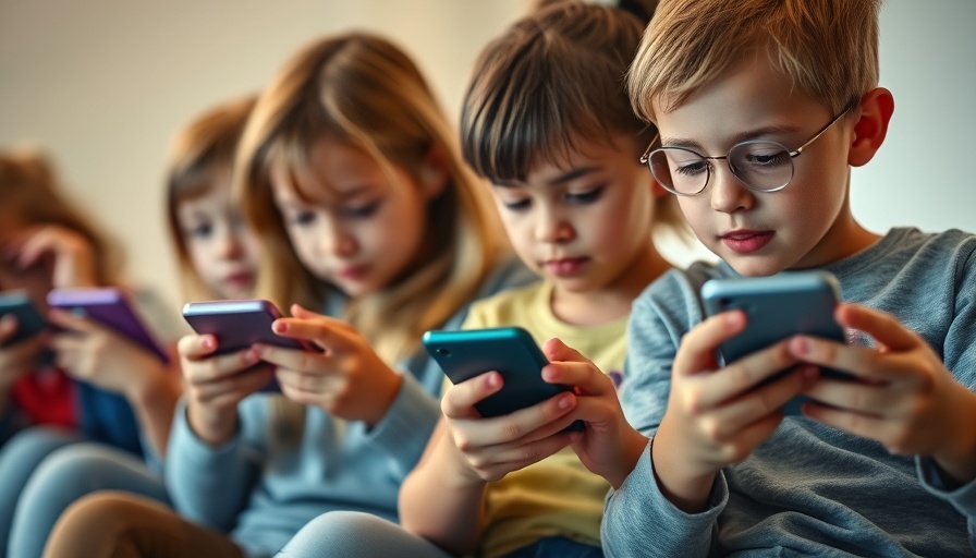 Children focused on smartphones, internet safety for kids concept