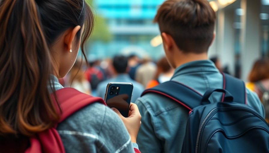 Student on school campus holding smartphone, reflecting phone-free policy.