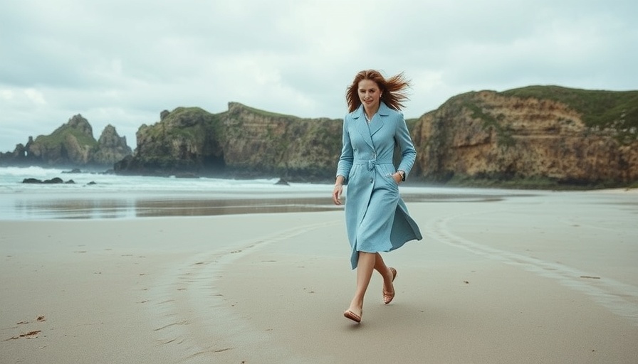 Woman brisk walking on beach to reduce irregular heartbeat.