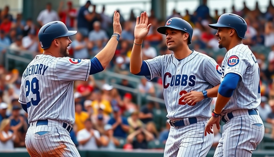 Cubs players celebrate comeback victory with high-five.