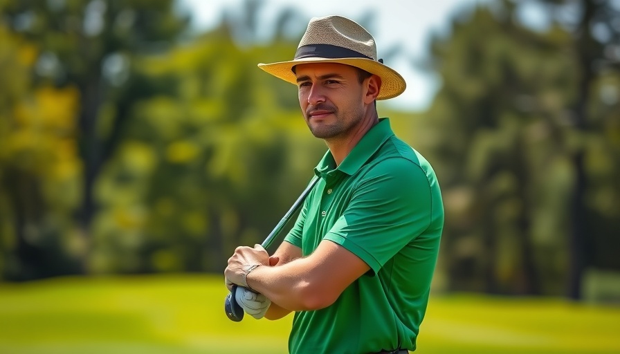 Golfer holding club on lush course, bright day