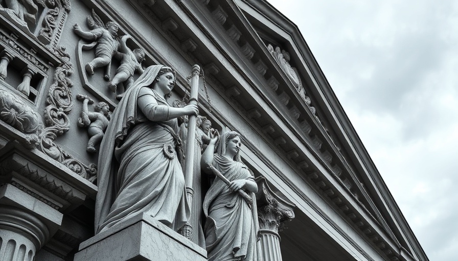 Intricate stone carvings depicting justice on a building facade, related to importance of football activism.