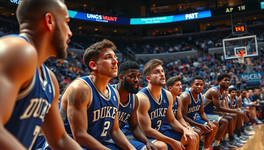 Duke basketball players on bench during game, observing action.