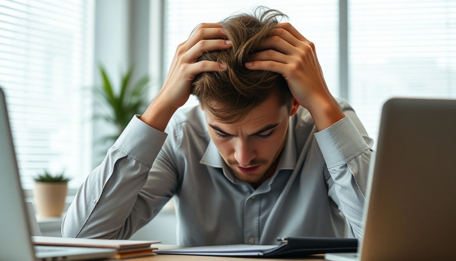 Stressed young man in American office, symbolizing workplace fears.