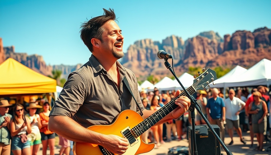 Musician at Zion Yoga & Wellness Festival playing guitar with scenic mountain backdrop.