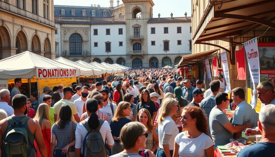 Vibrant outdoor market event with diverse attendees at donation stands.