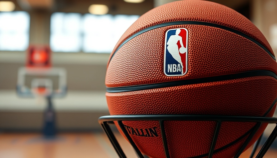 Close-up of official NBA basketball, detailed texture, indoor setting.