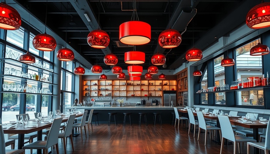 Modern restaurant interior with open kitchen and red chandeliers.