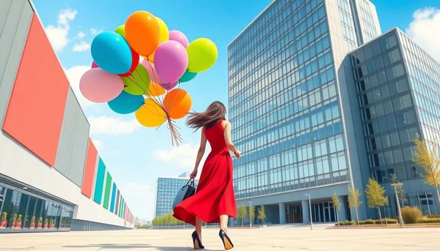 Whimsical cartoon of woman leaving work with balloons, mental health leave.