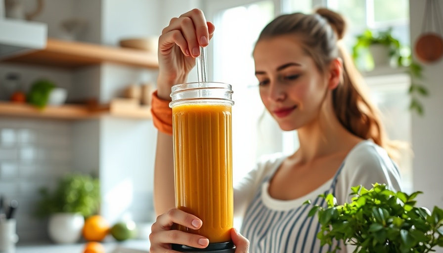 Young woman blending smoothie in bright kitchen for health transformation.